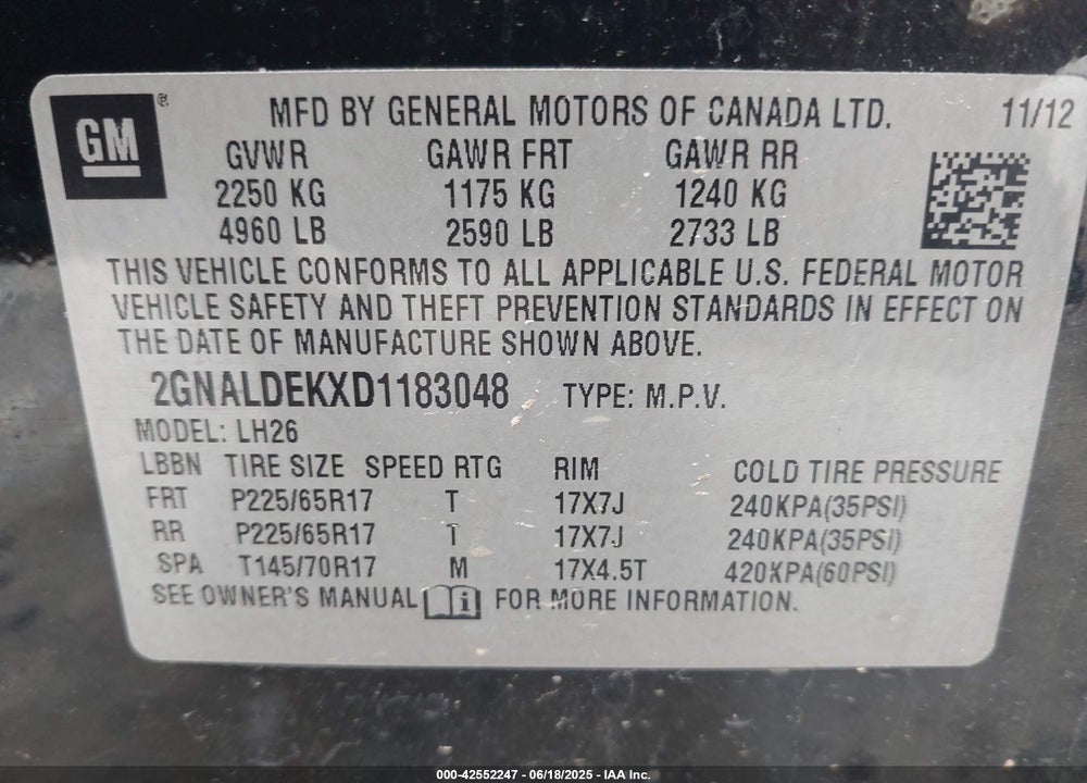2013 CHEVROLET EQUINOX VIN: 2GNALDEKXD1183048
