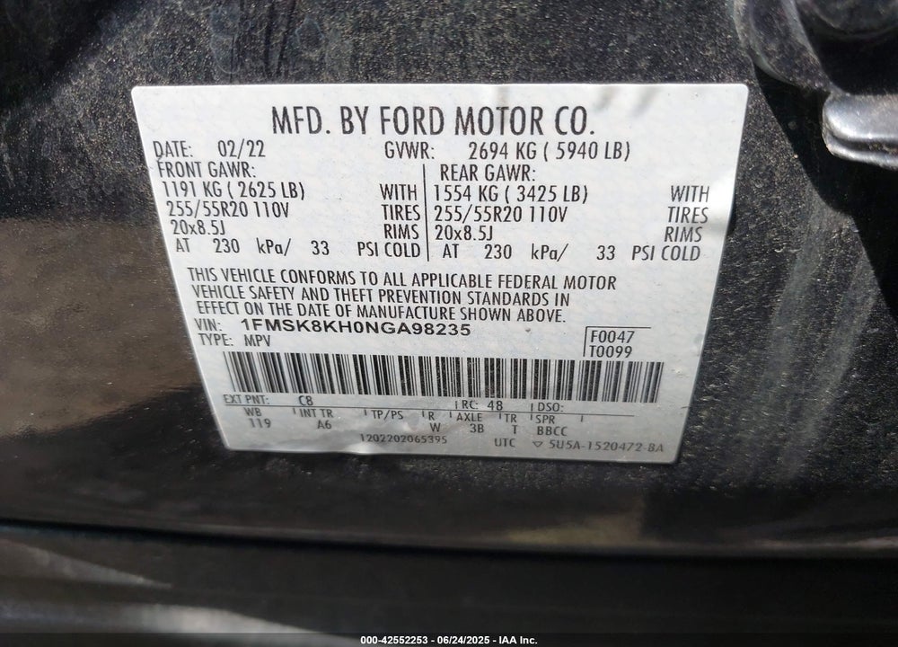 2022 FORD EXPLORER VIN: 1FMSK8KH0NGA98235
