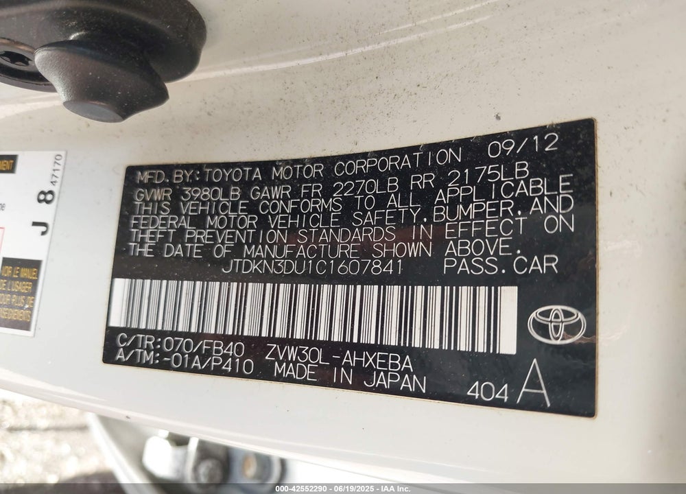 2012 TOYOTA PRIUS VIN: JTDKN3DU1C1607841
