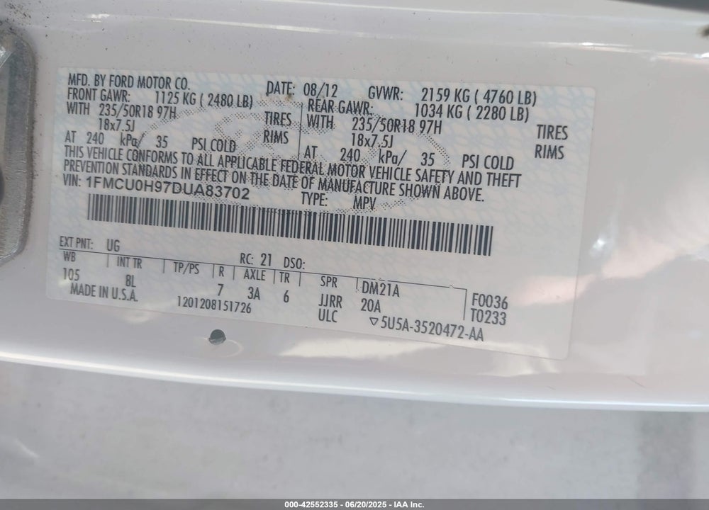 2013 FORD ESCAPE VIN: 1FMCU0H97DUA83702