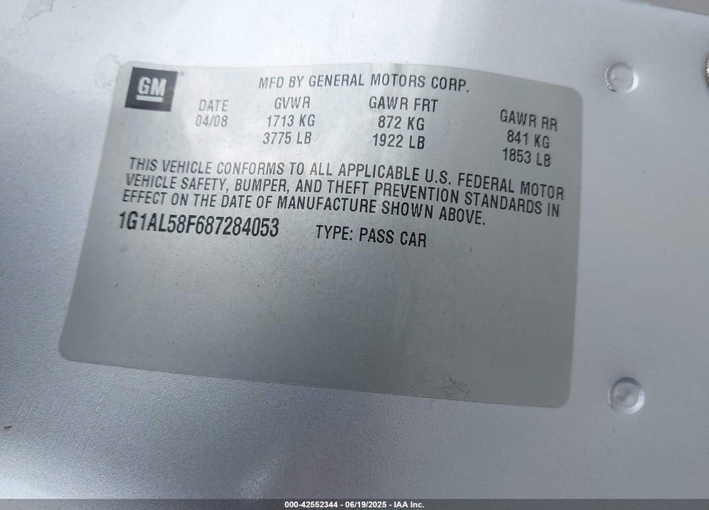 2008 CHEVROLET COBALT VIN: 1G1AL58F687284053