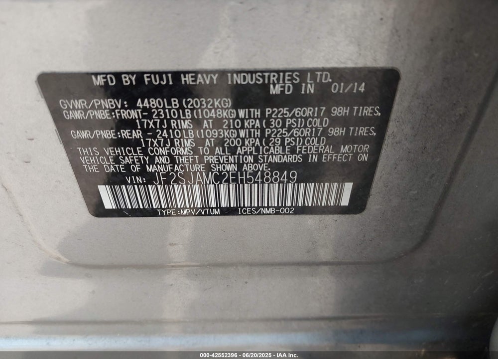 2014 SUBARU FORESTER VIN: JF2SJAMC2EH548849