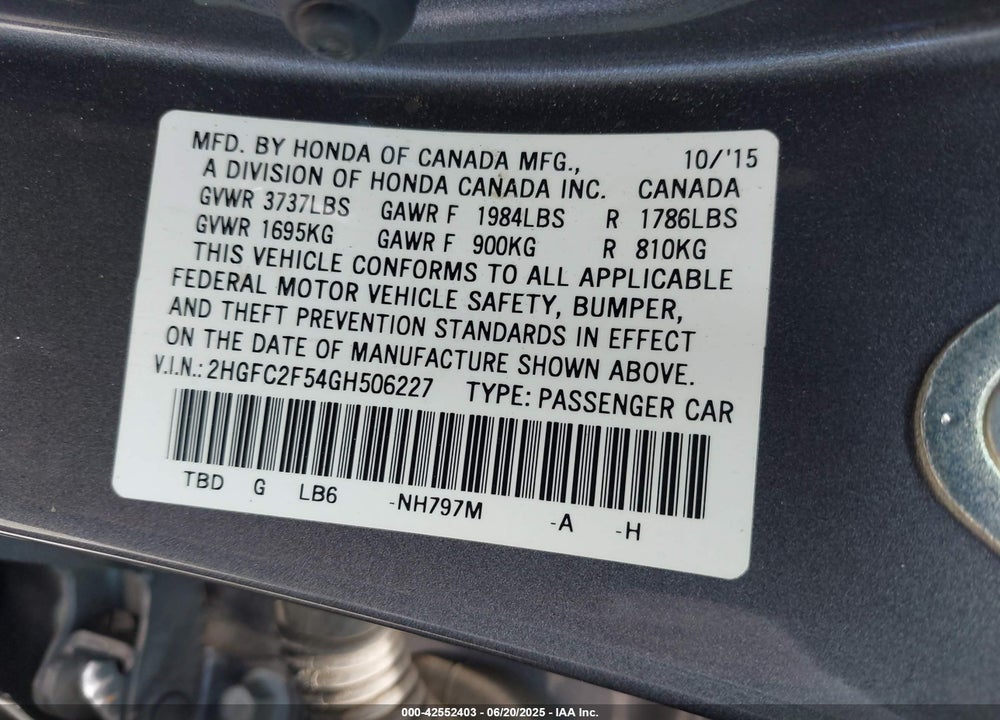 2016 HONDA CIVIC VIN: 2HGFC2F54GH506227