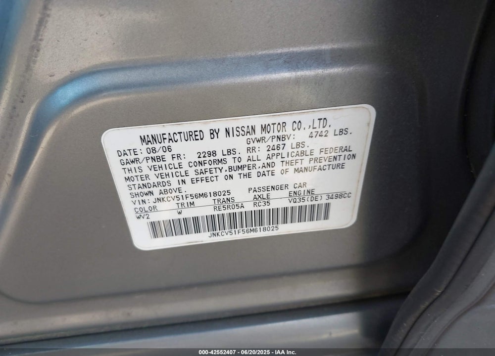 2006 INFINITI G35X VIN: JNKCV51F56M618025