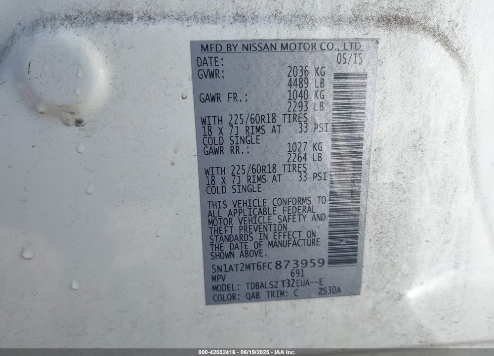 2015 NISSAN ROGUE VIN: 5N1AT2MT6FC873959