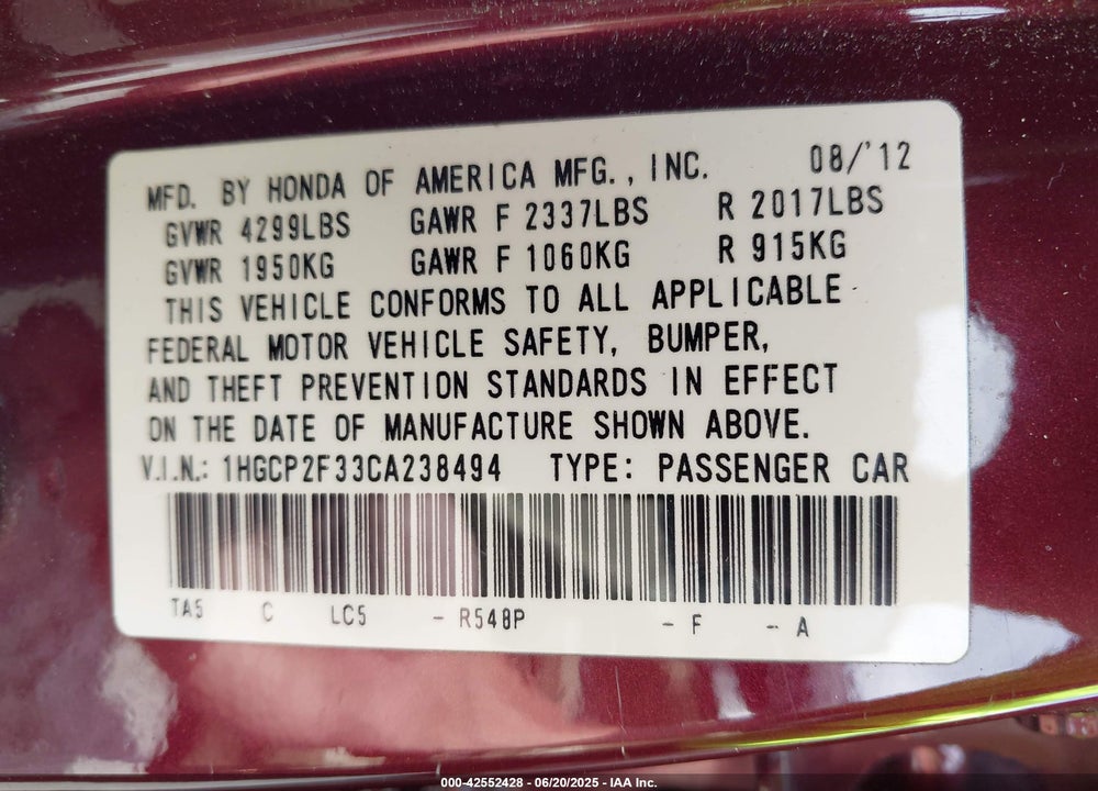 2012 HONDA ACCORD 2.4 LX VIN: 1HGCP2F33CA238494