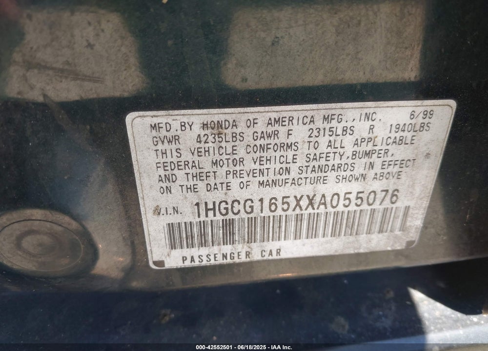 1999 HONDA ACCORD EX V6 VIN: 1HGCG165XXA055076