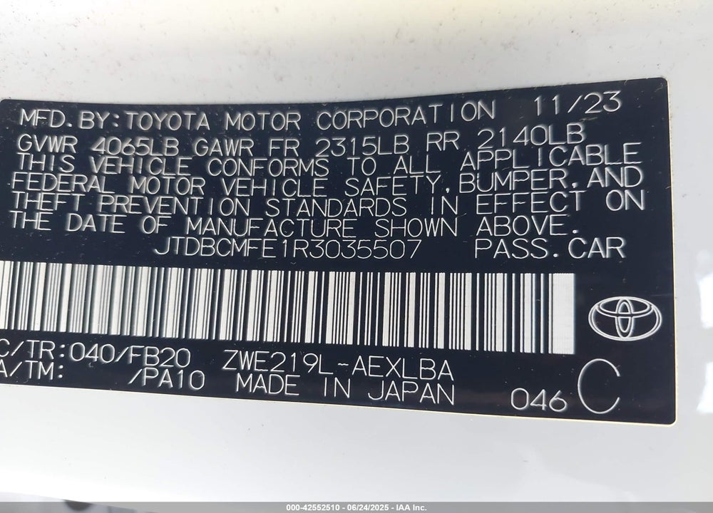 2024 TOYOTA COROLLA VIN: JTDBCMFE1R3035507