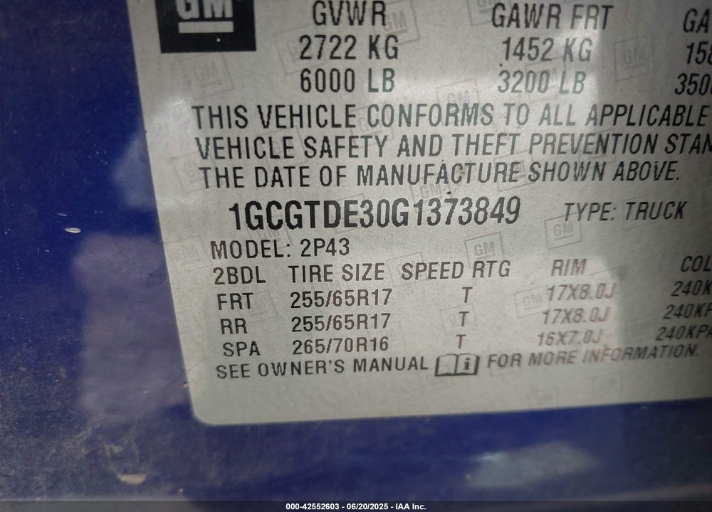 2016 CHEVROLET COLORADO VIN: 1GCGTDE30G1373849