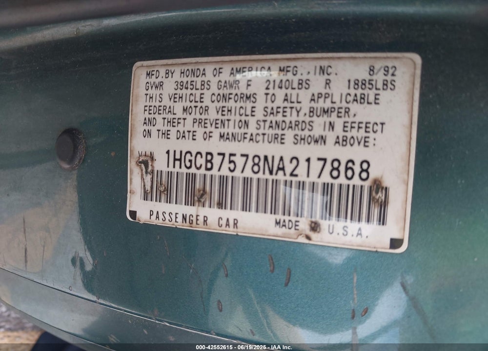 1992 HONDA ACCORD EX VIN: 1HGCB7578NA217868