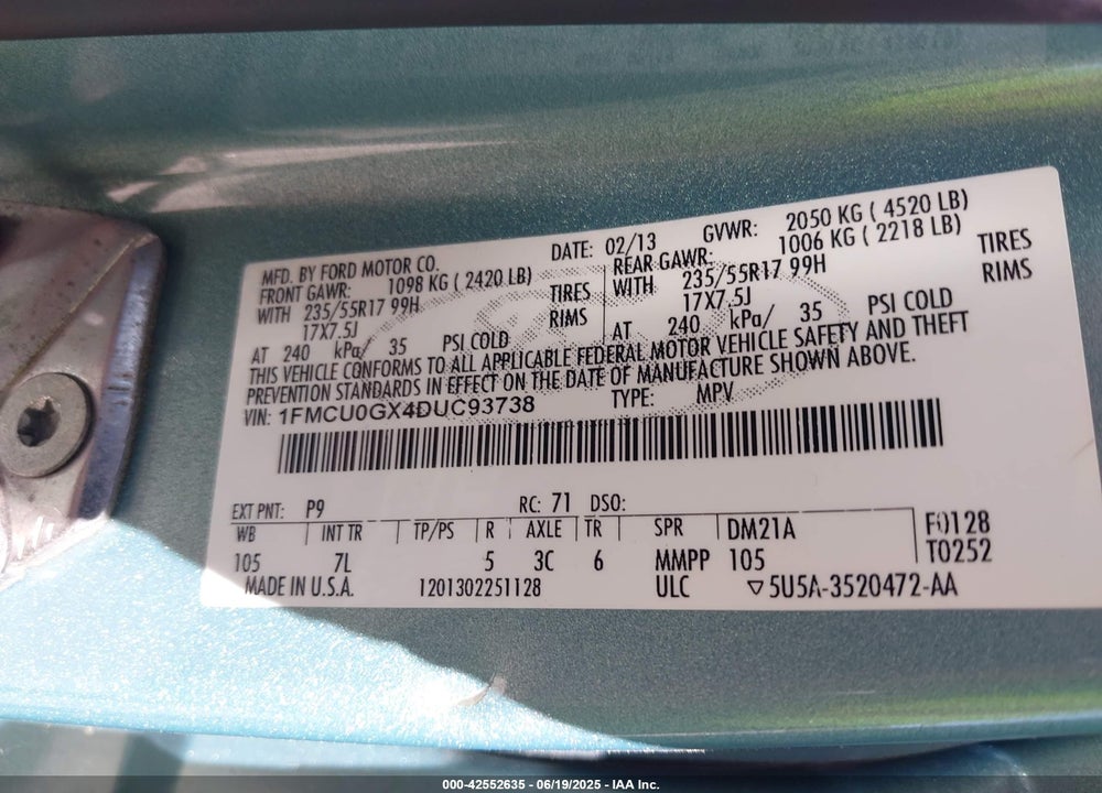 2013 FORD ESCAPE SE VIN: 1FMCU0GX4DUC93738