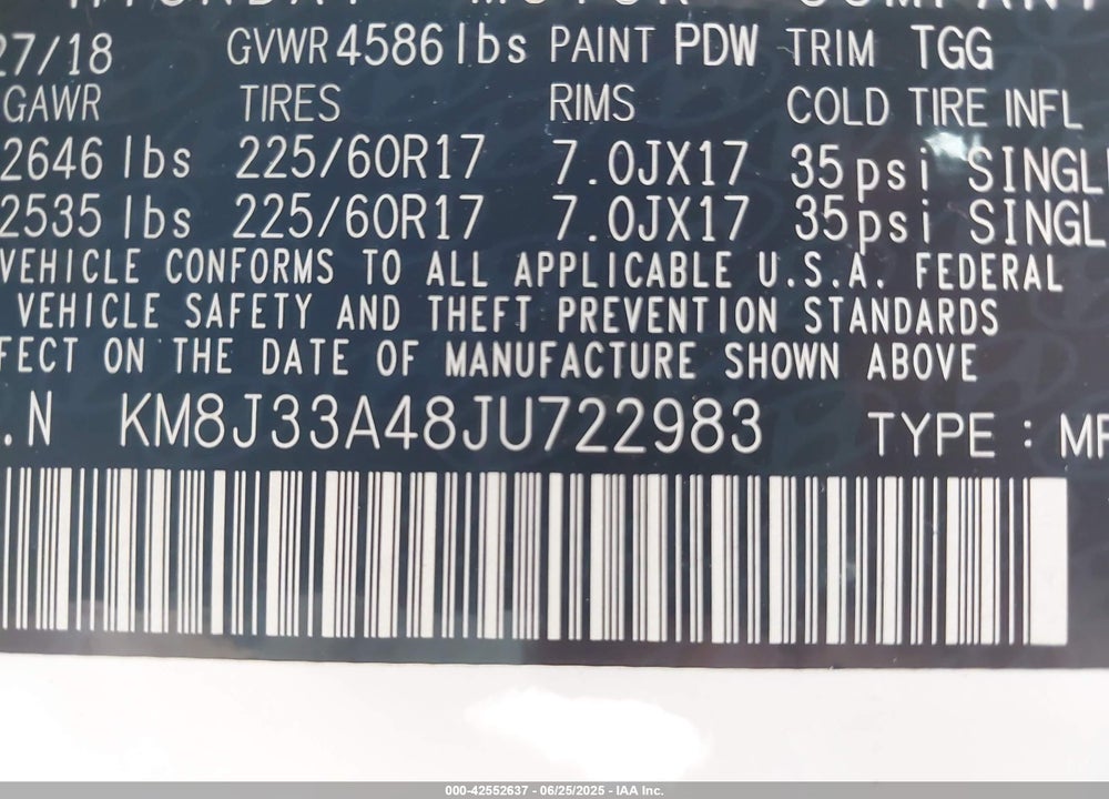 2018 HYUNDAI TUCSON VIN: KM8J33A48JU722983