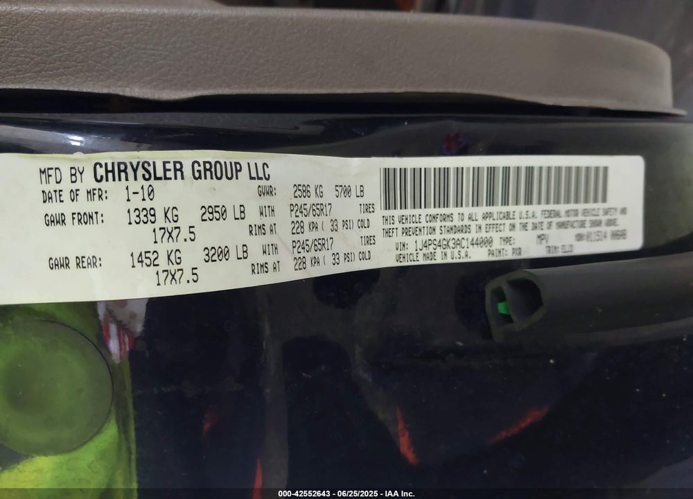 2010 JEEP GRAND CHEROKEE VIN: 1J4PS4GK3AC144000