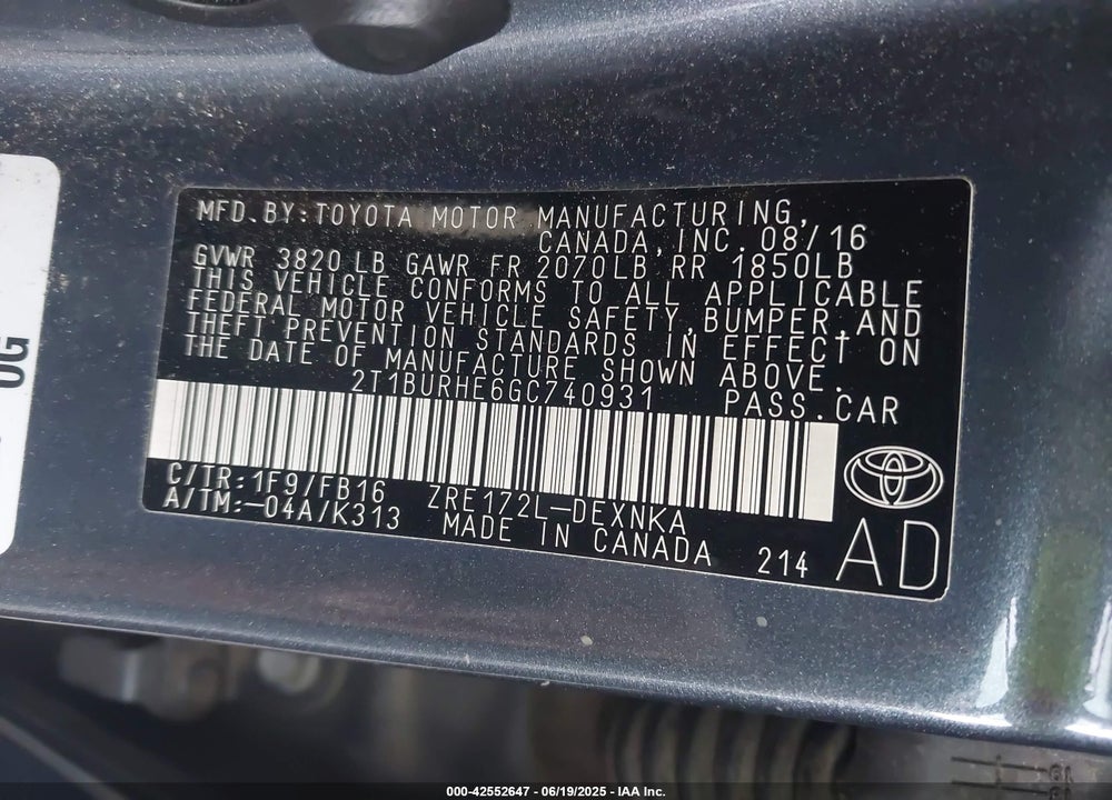 2016 TOYOTA COROLLA VIN: 2T1BURHE6GC740931
