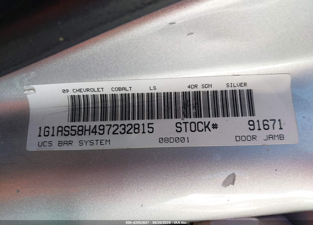 2009 CHEVROLET COBALT VIN: 1G1AS58H497232815