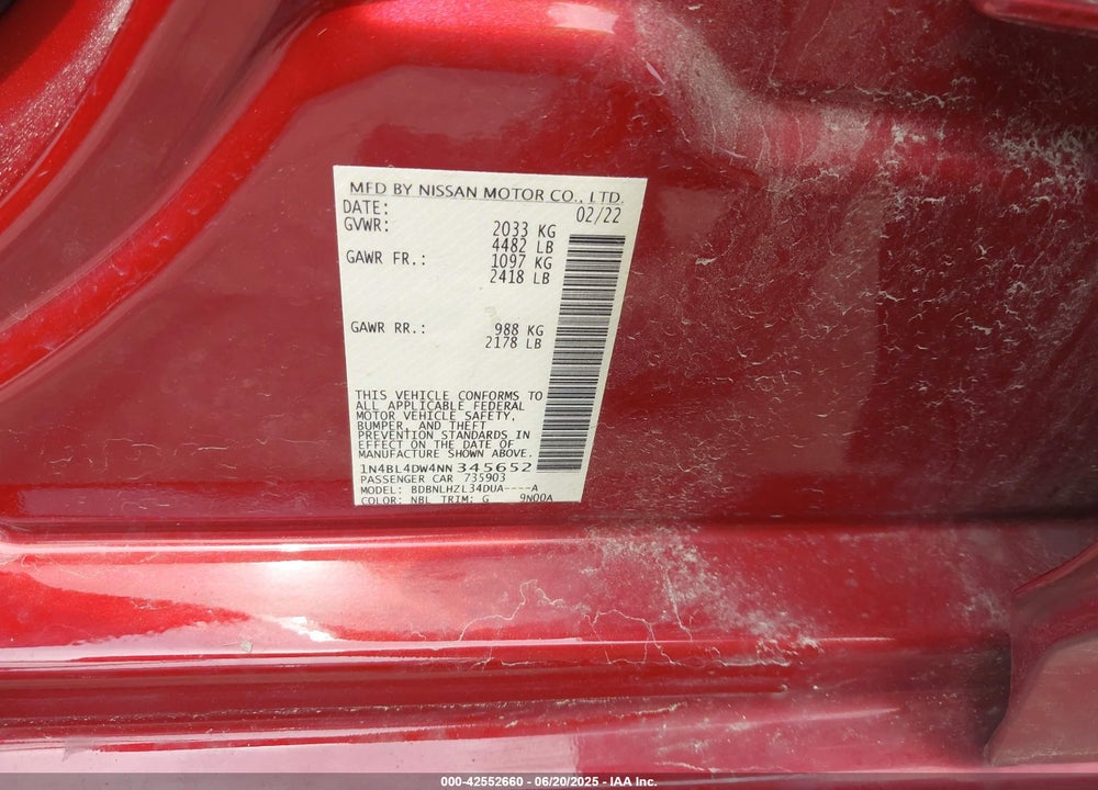 2022 NISSAN ALTIMA SV INTELLIGENT AWD VIN: 1N4BL4DW4NN345652