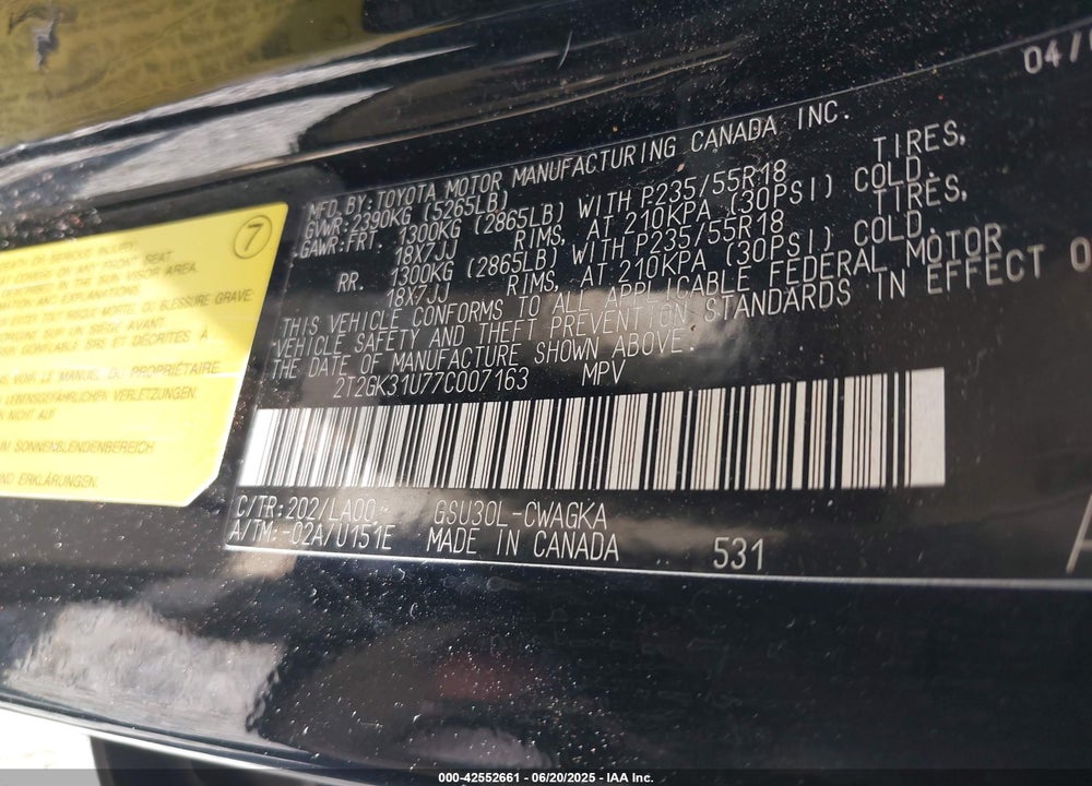 2007 LEXUS RX 350 VIN: 2T2GK31U77C007163
