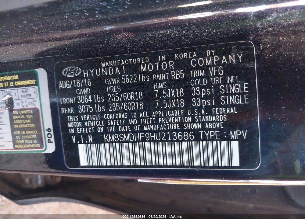 2017 HYUNDAI SANTA FE VIN: KM8SMDHF9HU213686