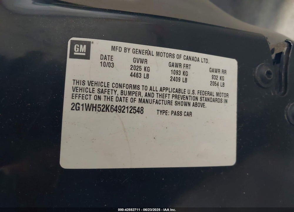 2004 CHEVROLET IMPALA LS VIN: 2G1WH52K649212548