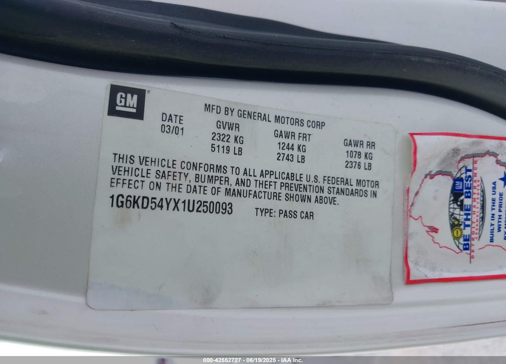2001 CADILLAC DEVILLE STANDARD VIN: 1G6KD54YX1U250093