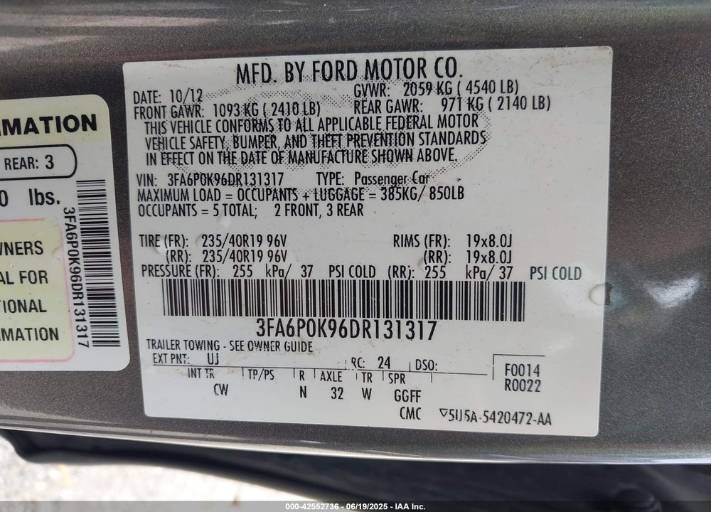 2013 FORD FUSION VIN: 3FA6P0K96DR131317