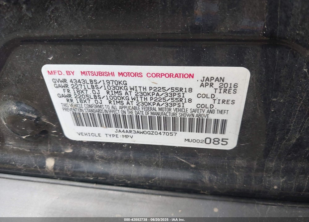 2016 MITSUBISHI OUTLANDER SPORT VIN: JA4AR3AW0GZ047057