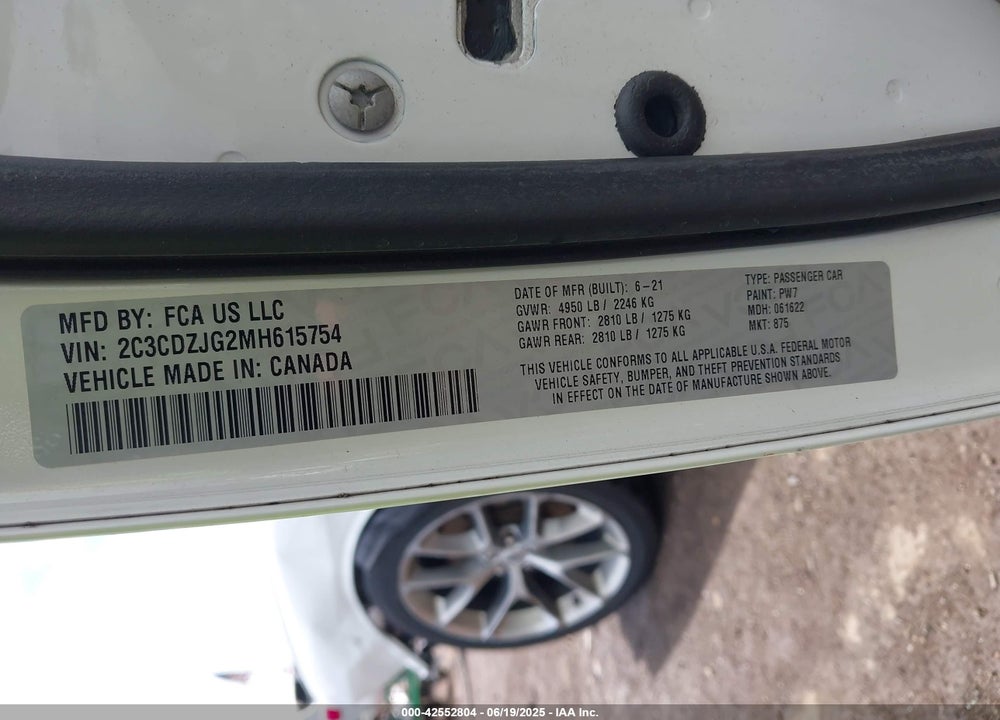2021 DODGE CHALLENGER VIN: 2C3CDZJG2MH615754