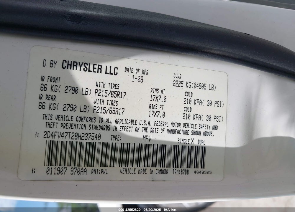 2008 DODGE MAGNUM VIN: 2D4FV47T28H237540