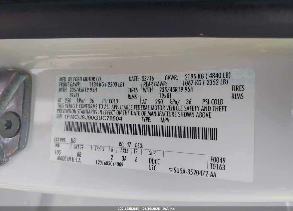 2016 FORD ESCAPE VIN: 1FMCU9J90GUC76504