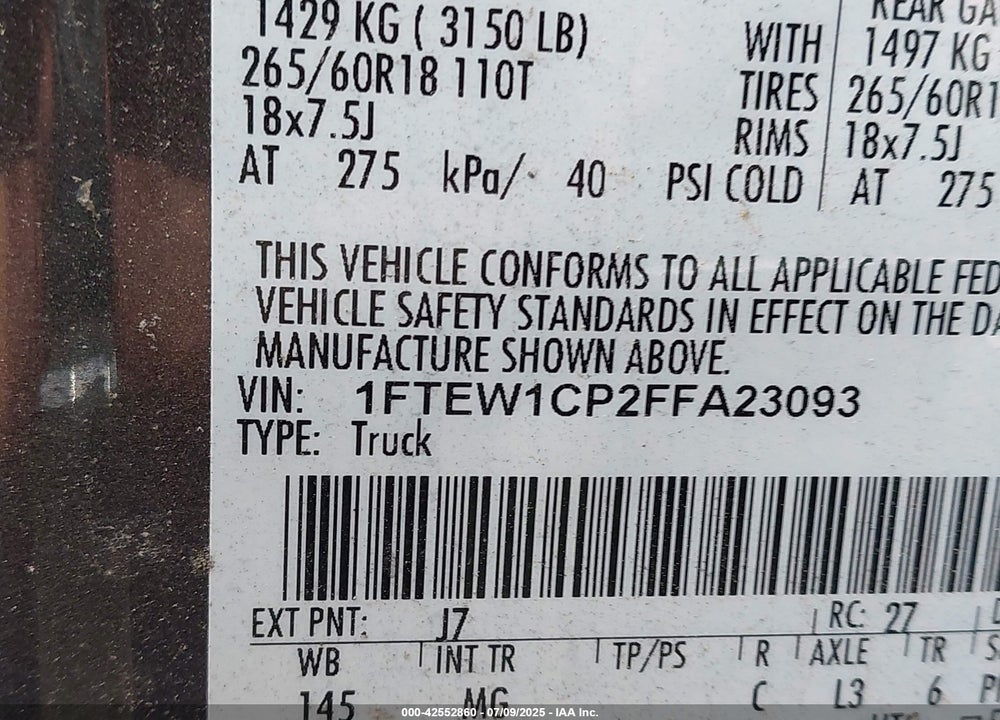 2015 FORD F150 VIN: 1FTEW1CP2FFA23093