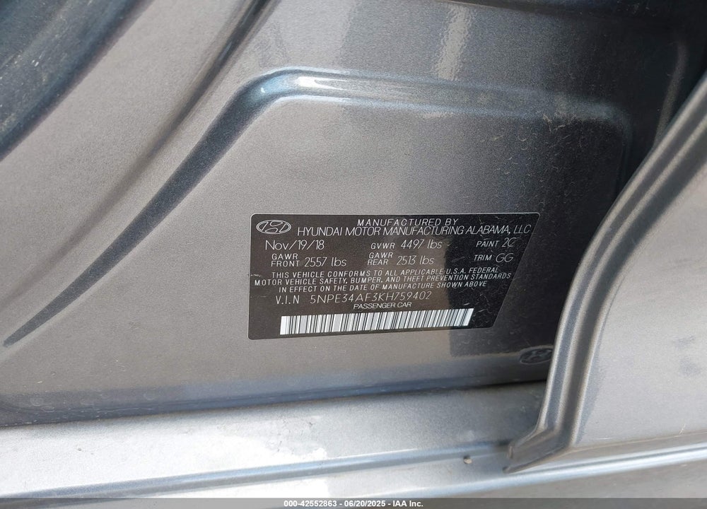 2019 HYUNDAI SONATA VIN: 5NPE34AF3KH759402