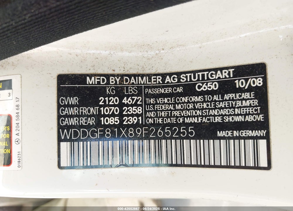 2009 MERCEDES-BENZ C CLASS VIN: WDDGF81X89F265255