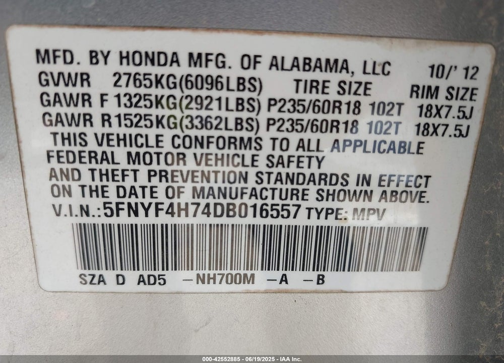 2013 HONDA PILOT VIN: 5FNYF4H74DB016557