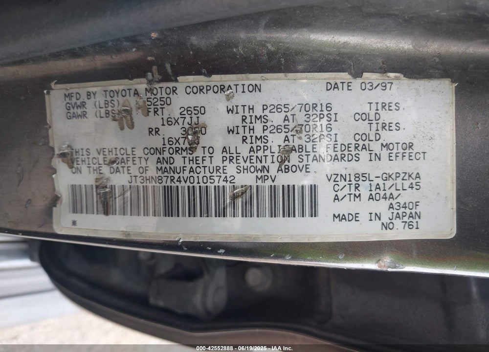 1997 TOYOTA 4RUNNER SR5 V6 LIMITED VIN: JT3HN87R4V0105742