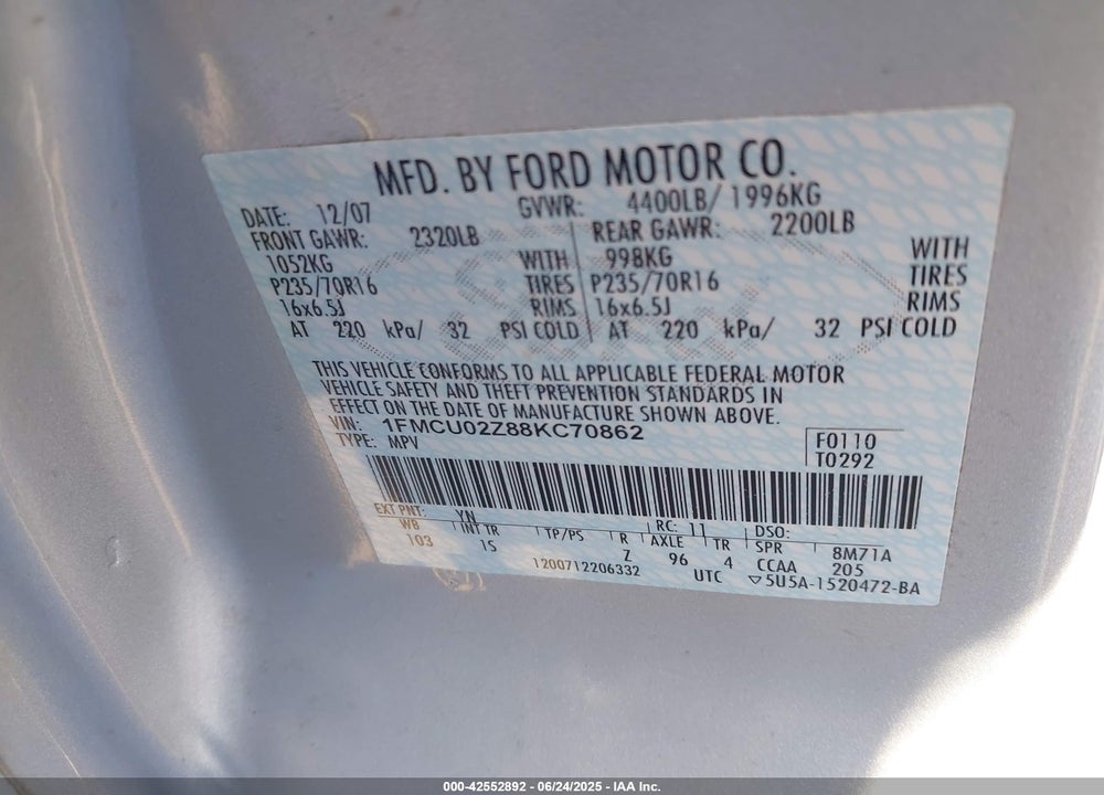 2008 FORD ESCAPE VIN: 1FMCU02Z88KC70862