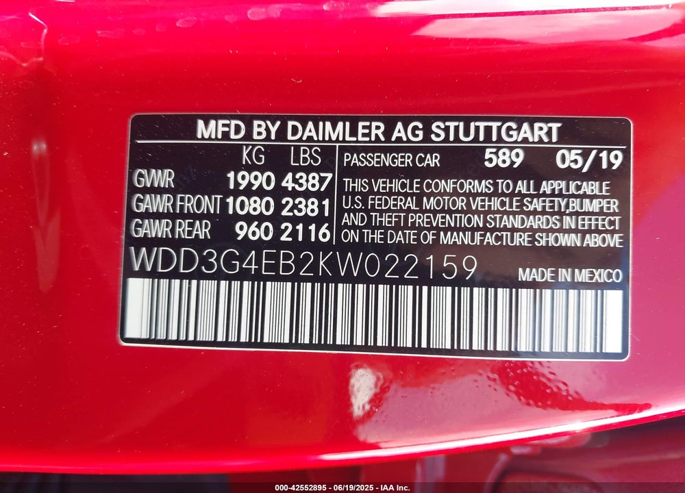 2019 MERCEDES-BENZ A-CLASS VIN: WDD3G4EB2KW022159