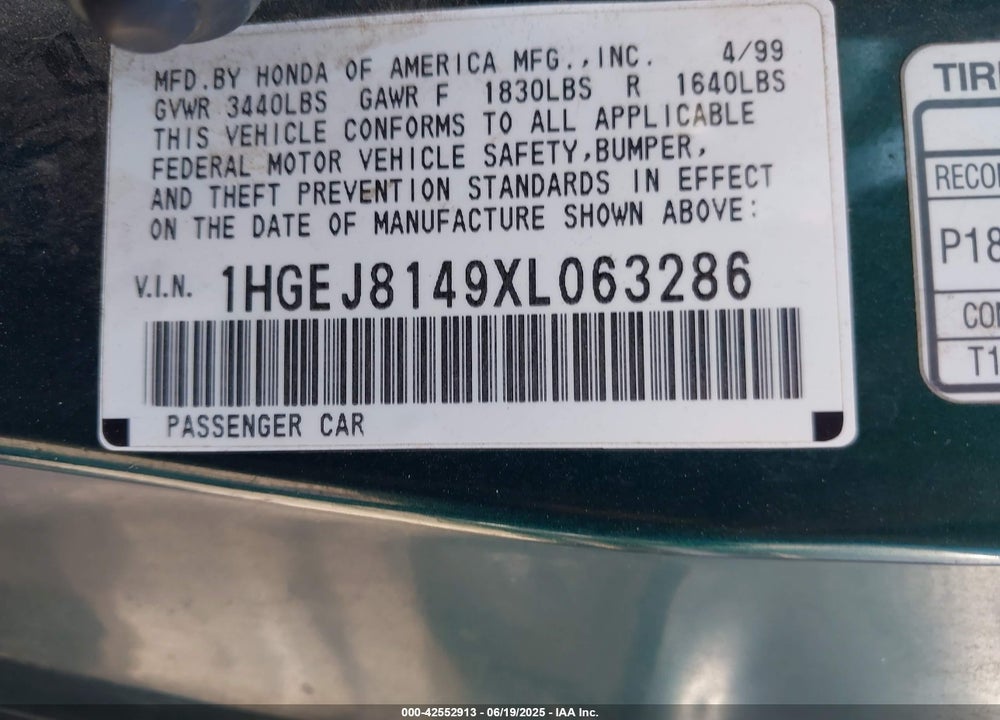 1999 HONDA CIVIC EX VIN: 1HGEJ8149XL063286