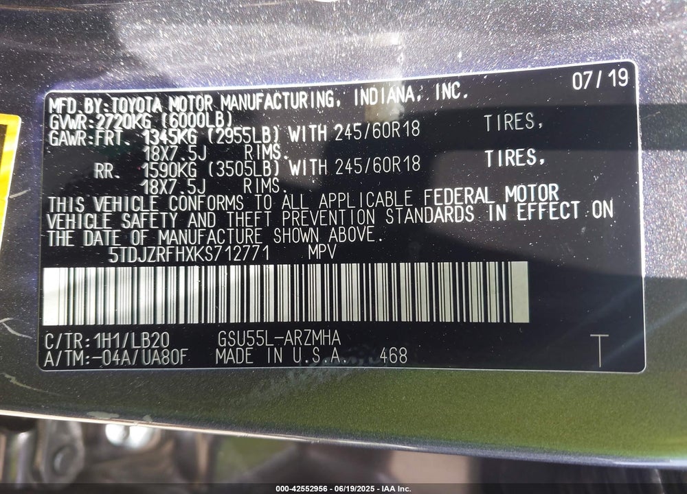 2019 TOYOTA HIGHLANDER VIN: 5TDJZRFHXKS712771