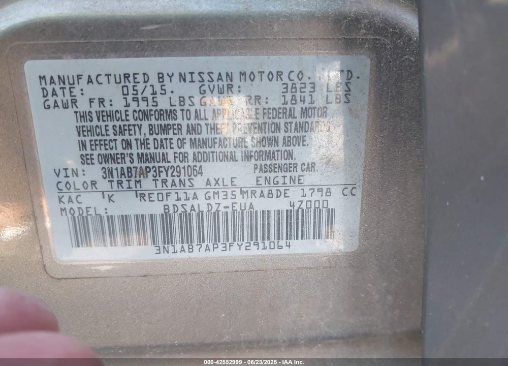 2015 NISSAN SENTRA VIN: 3N1AB7AP3FY291064