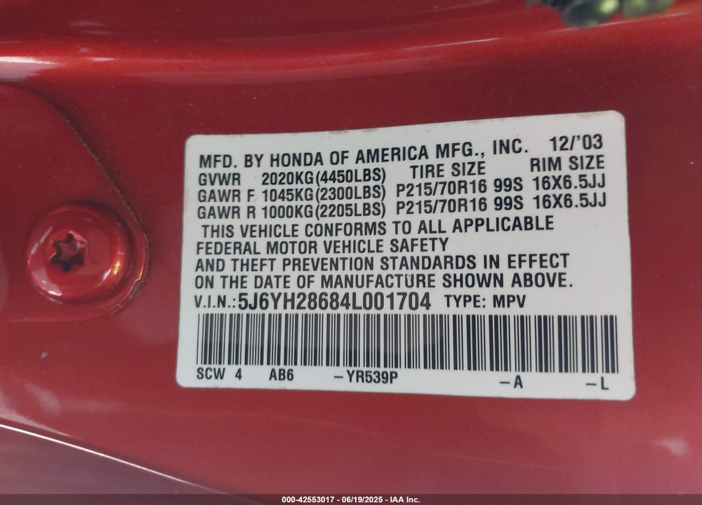 2004 HONDA ELEMENT EX VIN: 5J6YH28684L001704