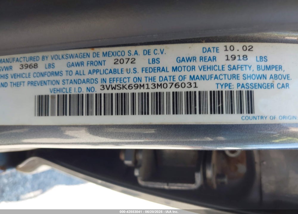 2003 VOLKSWAGEN JETTA GLS 2.0L VIN: 3VWSK69M13M076031