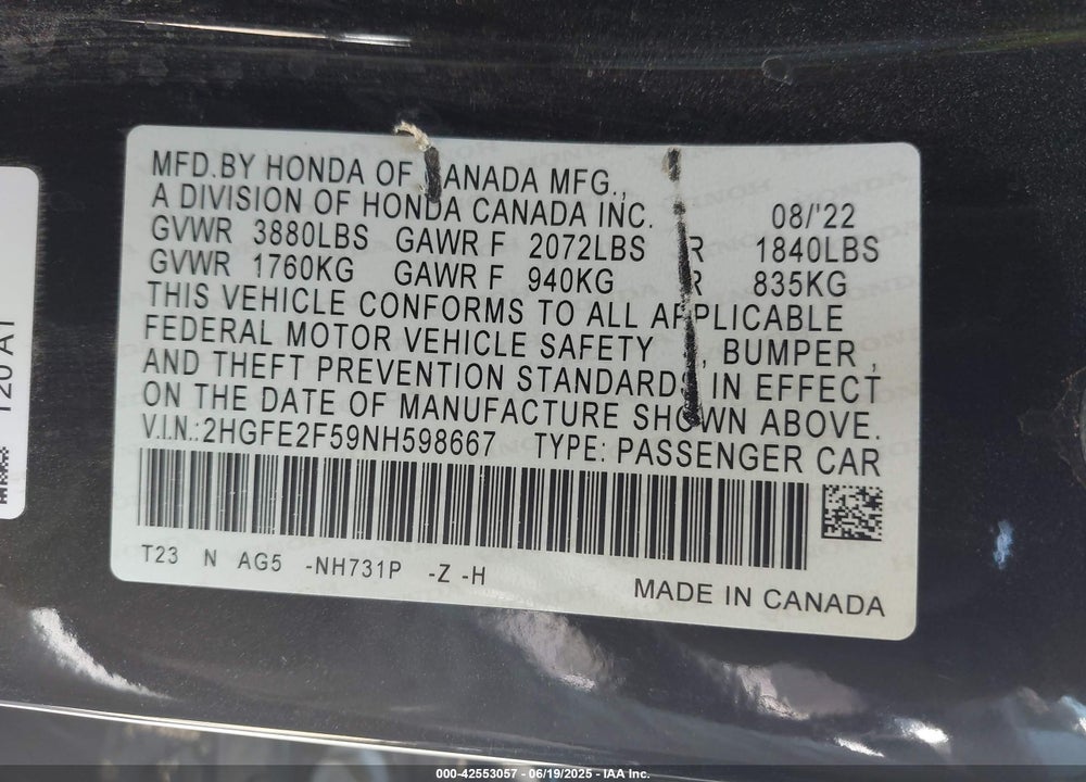 2022 HONDA CIVIC VIN: 2HGFE2F59NH598667