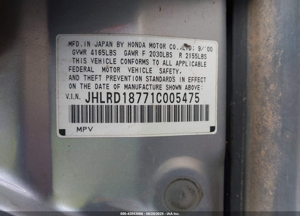 2001 HONDA CR-V SPECIAL EDITION VIN: JHLRD18771C005475