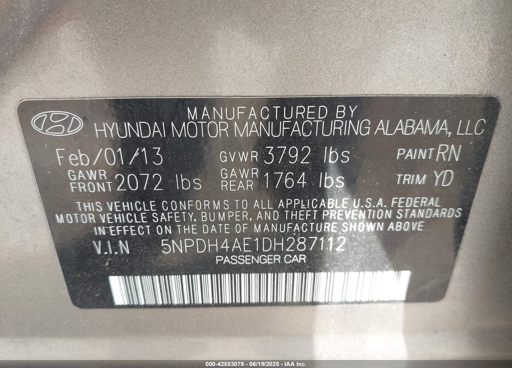 2013 HYUNDAI ELANTRA VIN: 5NPDH4AE1DH287112