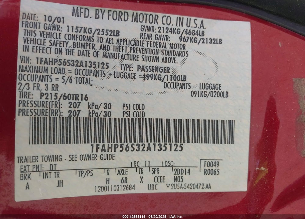 2002 FORD TAURUS SEL VIN: 1FAHP56S32A135125