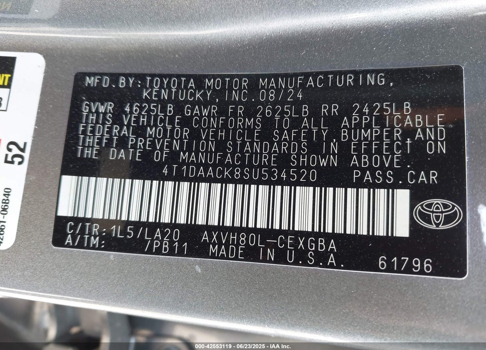 2025 TOYOTA CAMRY VIN: 4T1DAACK8SU534520