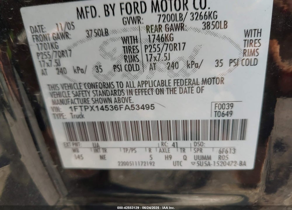 2006 FORD F-150 VIN: 1FTPX14536FA53495