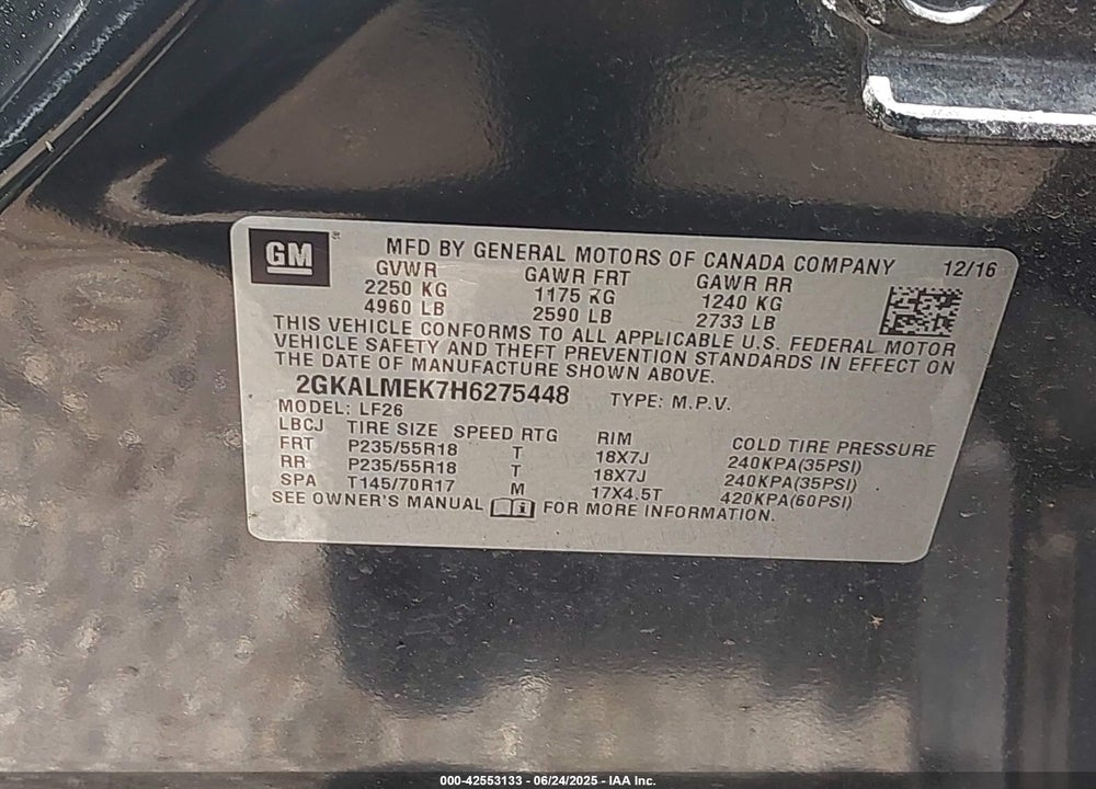 2017 GMC TERRAIN VIN: 2GKALMEK7H6275448
