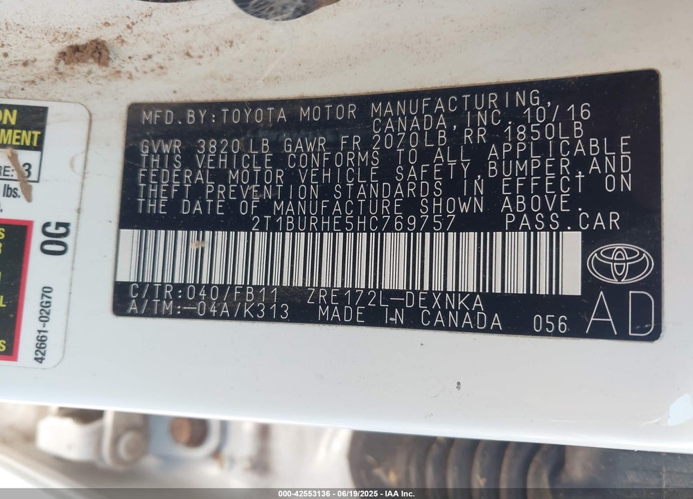 2017 TOYOTA COROLLA VIN: 2T1BURHE5HC769757