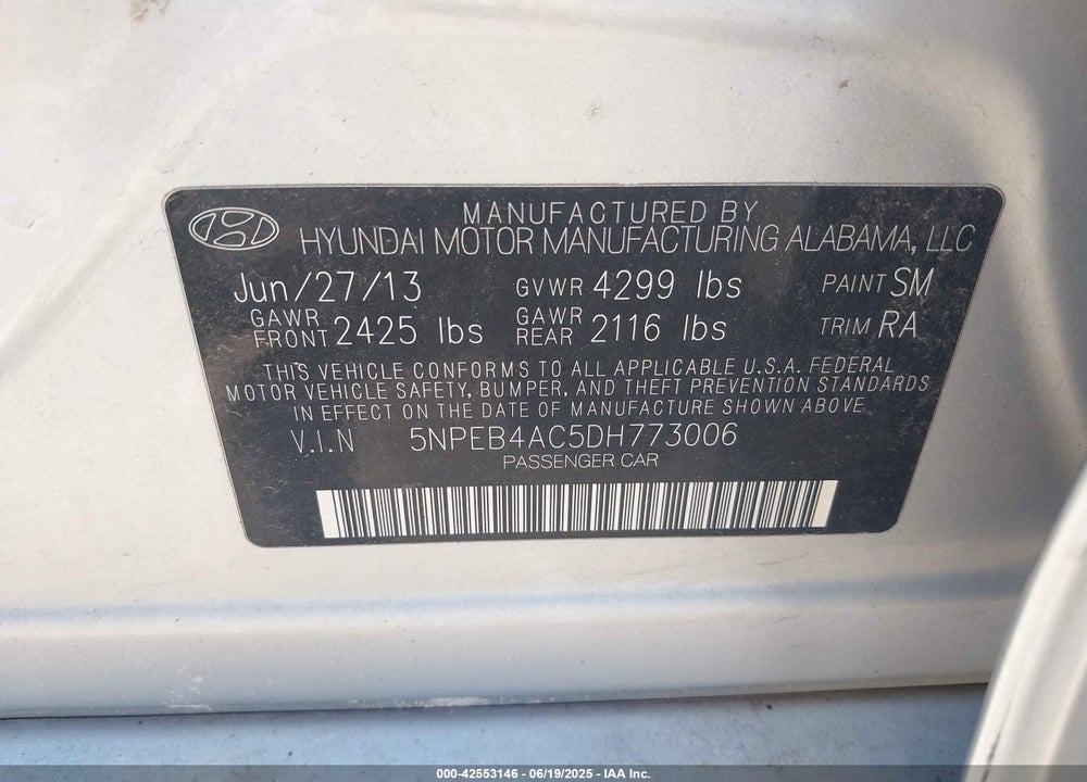 2013 HYUNDAI SONATA GLS VIN: 5NPEB4AC5DH773006